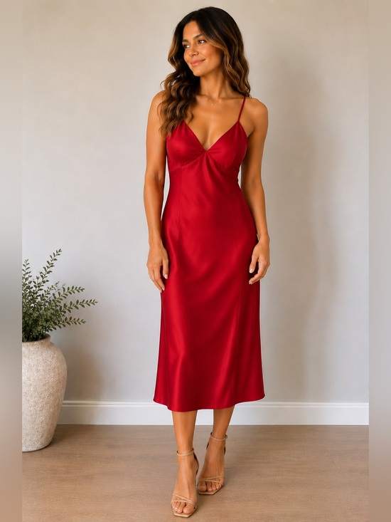 La Vie En Rose Dresses & Skirts - La Vie en Rose Red Satin Slip Midi Dress Size S Sexy Strappy Back